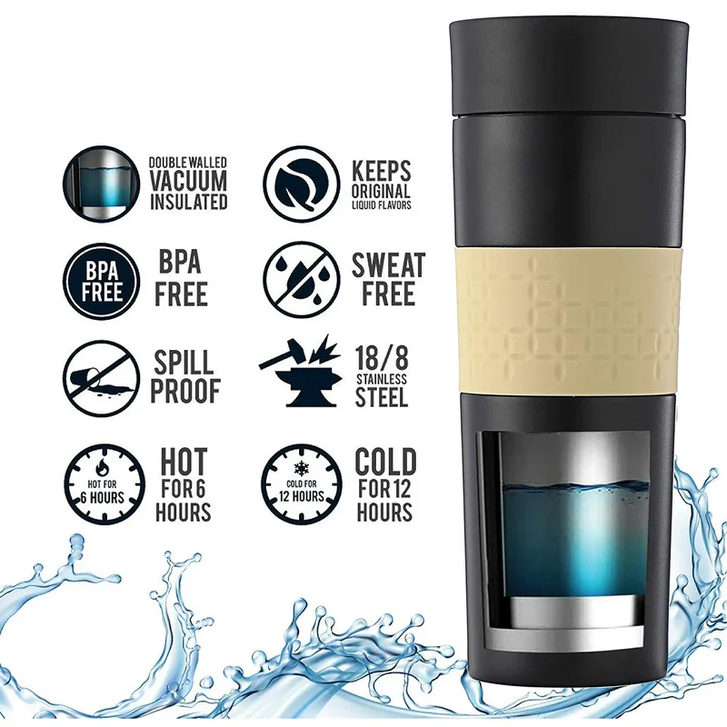 InstaCuppa Vacuum Insulated Travel Mug, Stainless Steel Double Walled Thermos for Hot or Cold Coffee, Tea, Spill and Leak Proof with