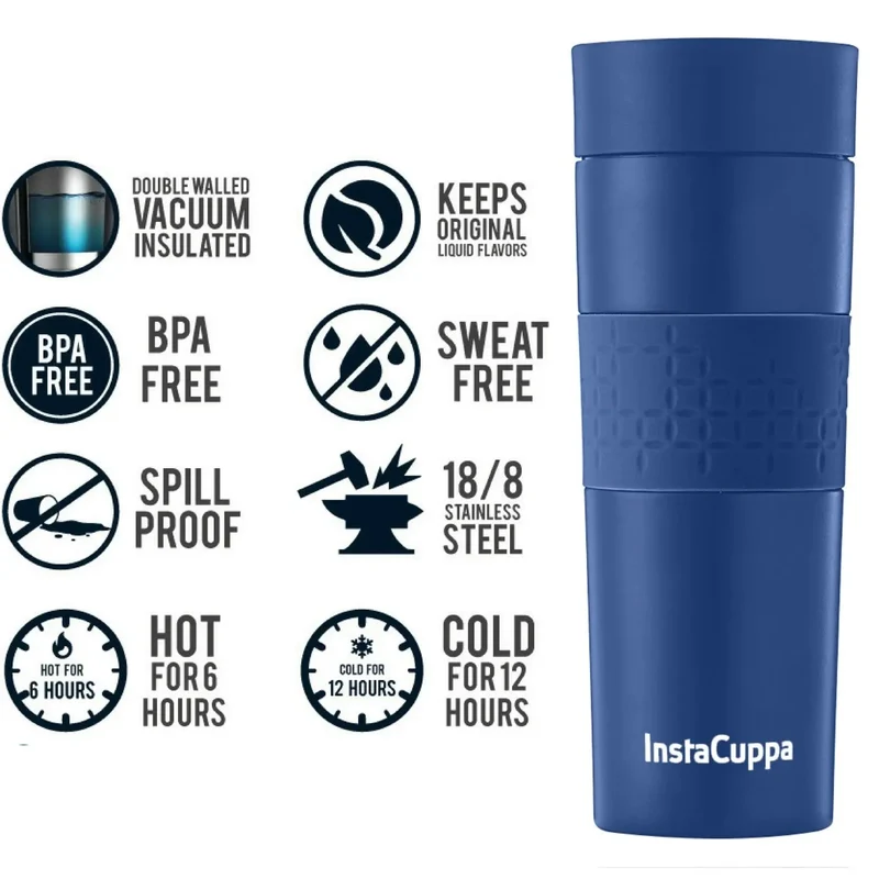 InstaCuppa Vacuum Insulated Travel Mug, Stainless Steel Double Walled Thermos for Hot or Cold Coffee, Tea, Spill and Leak Proof with