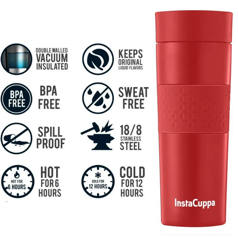 InstaCuppa Vacuum Insulated Travel Mug, Stainless Steel Double Walled Thermos for Hot or Cold Coffee, Tea, Spill and Leak Proof with