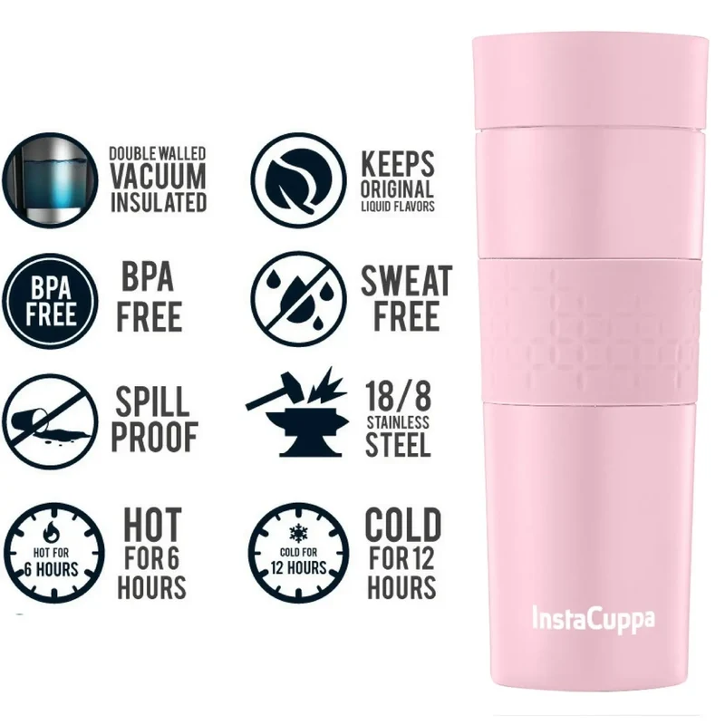 InstaCuppa Vacuum Insulated Travel Mug, Stainless Steel Double Walled Thermos for Hot or Cold Coffee, Tea, Spill and Leak Proof with