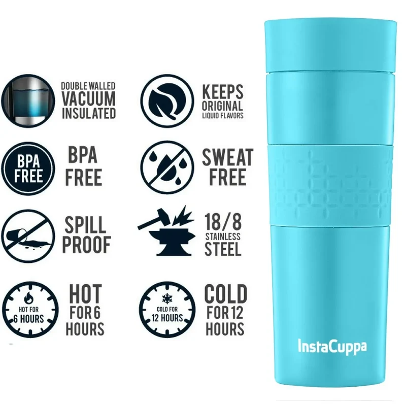 InstaCuppa Vacuum Insulated Travel Mug, Stainless Steel Double Walled Thermos for Hot or Cold Coffee, Tea, Spill and Leak Proof with