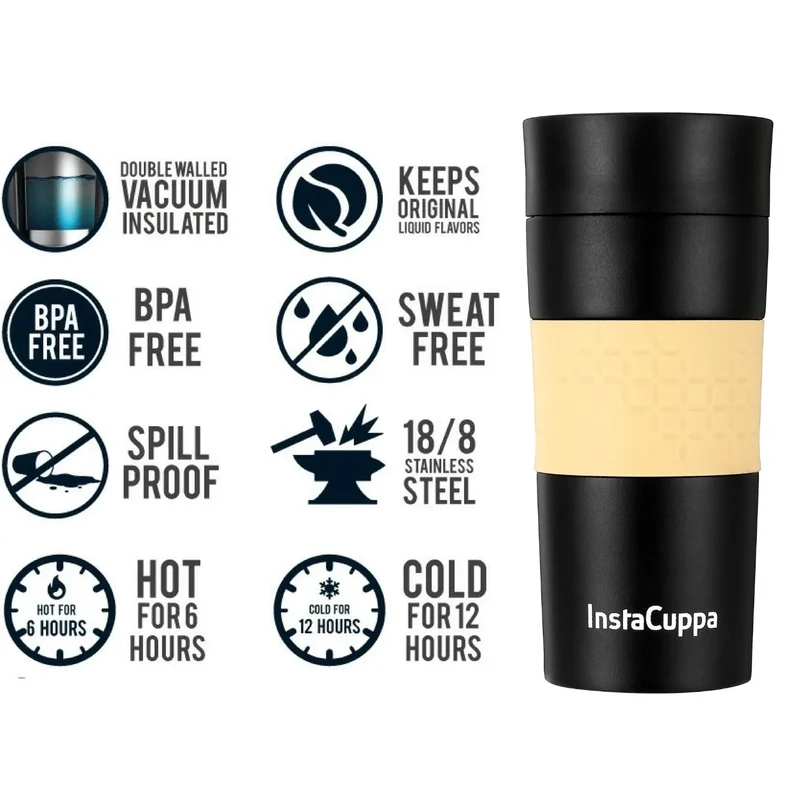 InstaCuppa Vacuum Insulated Travel Mug, Stainless Steel Double Walled Thermos for Hot or Cold Coffee, Tea, Spill and Leak Proof with