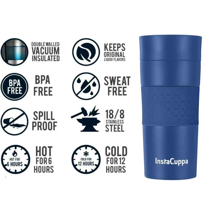 InstaCuppa Vacuum Insulated Travel Mug, Stainless Steel Double Walled Thermos for Hot or Cold Coffee, Tea, Spill and Leak Proof with