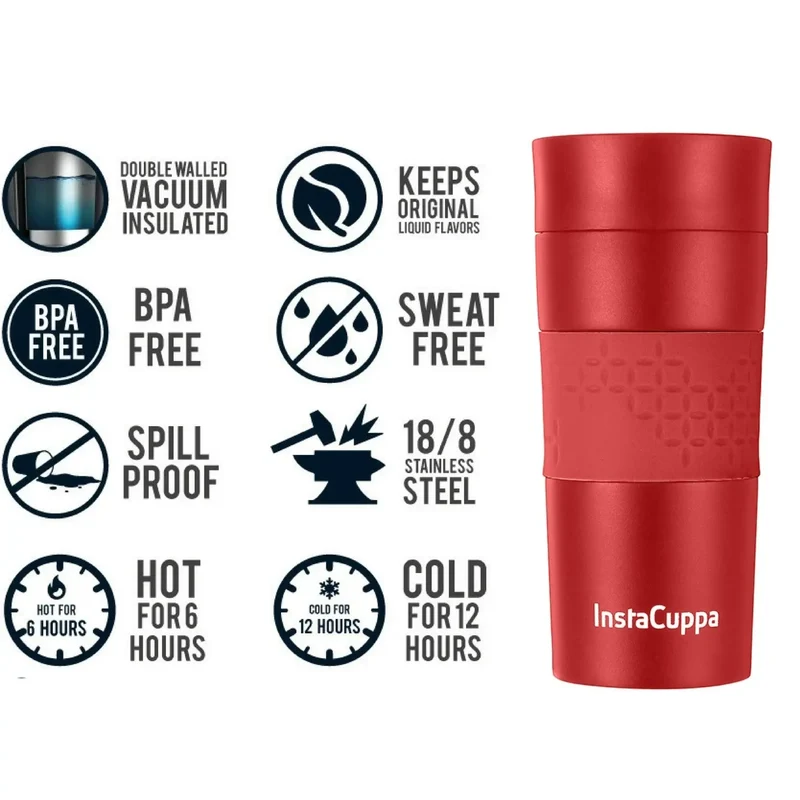 InstaCuppa Vacuum Insulated Travel Mug, Stainless Steel Double Walled Thermos for Hot or Cold Coffee, Tea, Spill and Leak Proof with