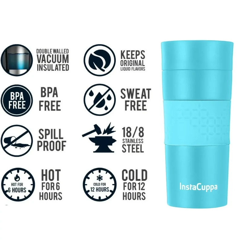 InstaCuppa Vacuum Insulated Travel Mug, Stainless Steel Double Walled Thermos for Hot or Cold Coffee, Tea, Spill and Leak Proof with