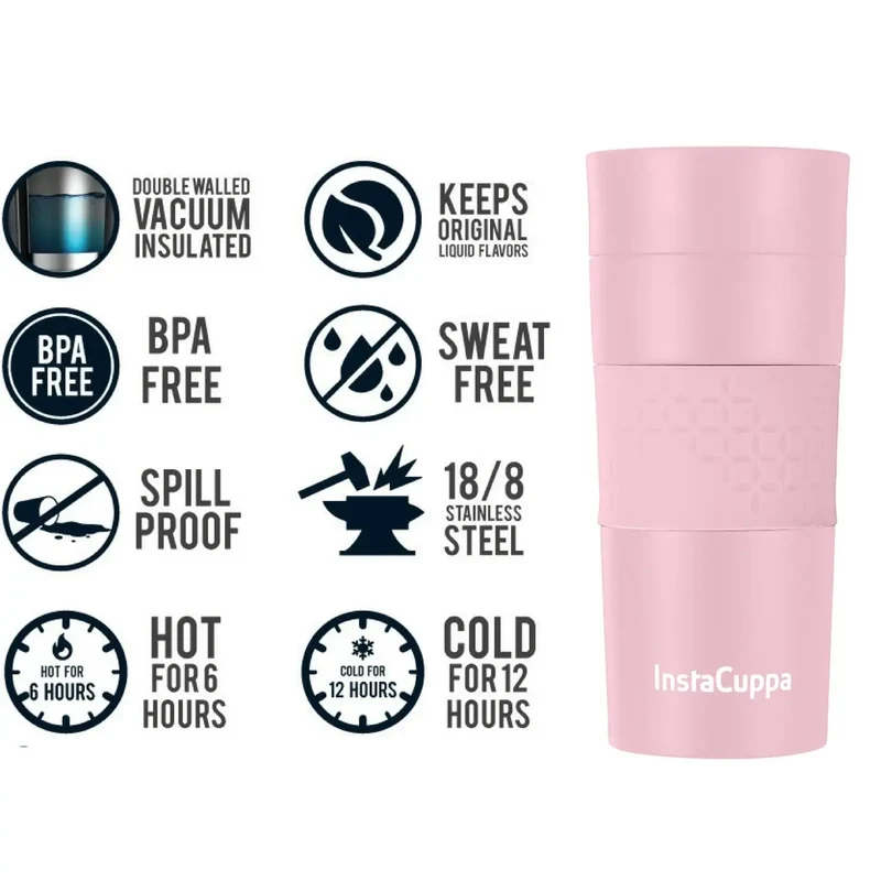 InstaCuppa Vacuum Insulated Travel Mug, Stainless Steel Double Walled Thermos for Hot or Cold Coffee, Tea, Spill and Leak Proof with