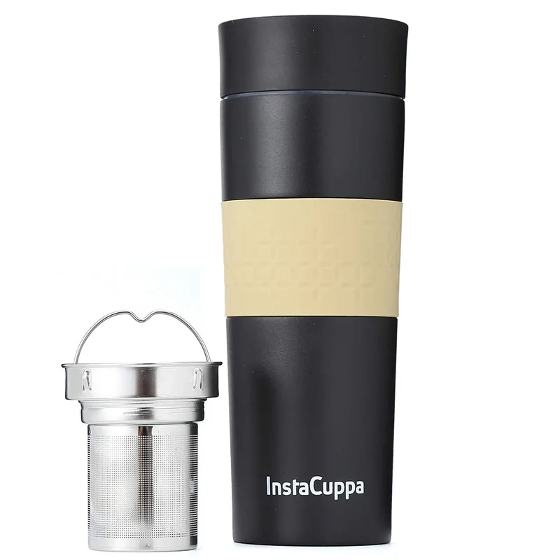InstaCuppa Thermos Tea Infuser Travel Mug - Stainless Steel Infusion Unit, Double Walled Vacuum Insulation, Sipper Lid, Silicone Grip