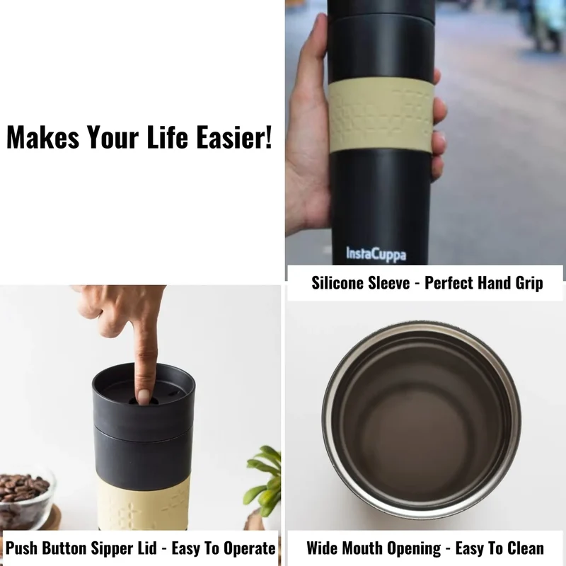 InstaCuppa Thermos Tea Infuser Travel Mug - Stainless Steel Infusion Unit, Double Walled Vacuum Insulation, Sipper Lid, Silicone Grip