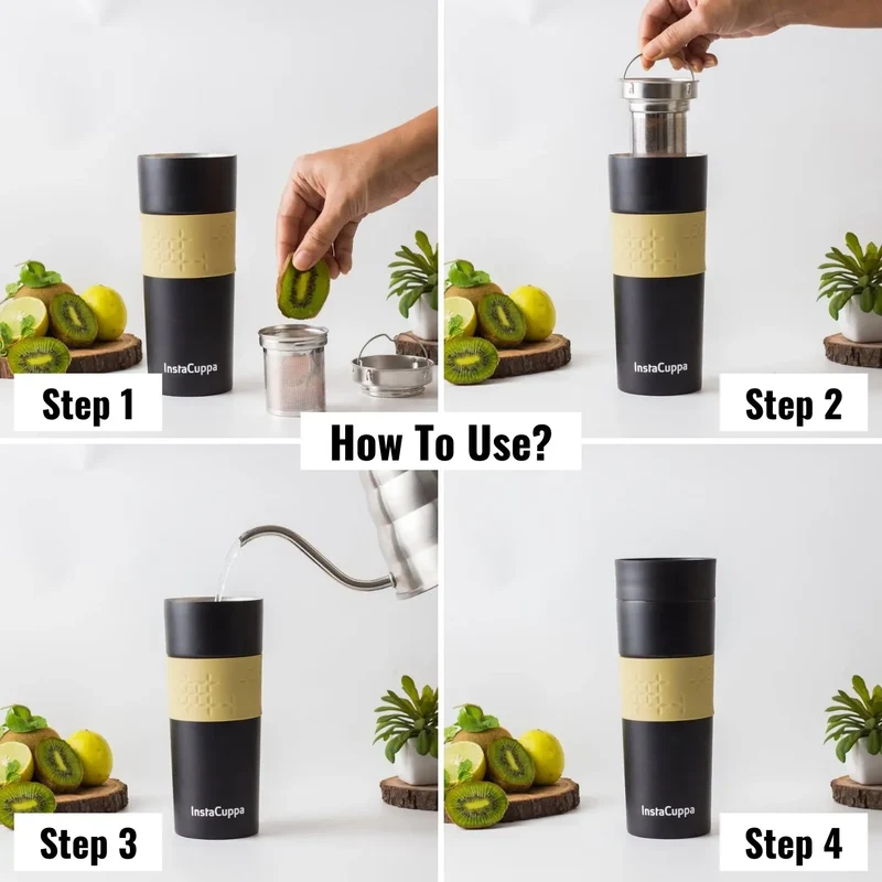 InstaCuppa Thermos Tea Infuser Travel Mug - Stainless Steel Infusion Unit, Double Walled Vacuum Insulation, Sipper Lid, Silicone Grip