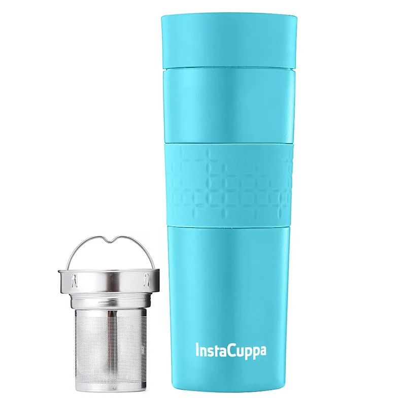 InstaCuppa Thermos Tea Infuser Travel Mug - Stainless Steel Infusion Unit, Double Walled Vacuum Insulation, Sipper Lid, Silicone Grip