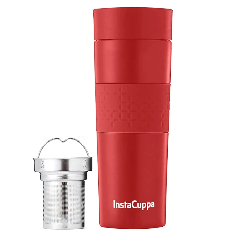 InstaCuppa Thermos Tea Infuser Travel Mug - Stainless Steel Infusion Unit, Double Walled Vacuum Insulation, Sipper Lid, Silicone Grip