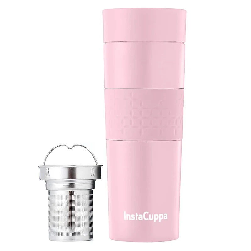 InstaCuppa Thermos Tea Infuser Travel Mug - Stainless Steel Infusion Unit, Double Walled Vacuum Insulation, Sipper Lid, Silicone Grip