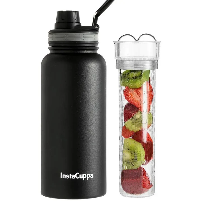 InstaCuppa Thermos Steel Fruit Infuser Water Bottle, Double Walled Vacuum Insulation, Full Length Tritan Infusion Unit, 2 Lids