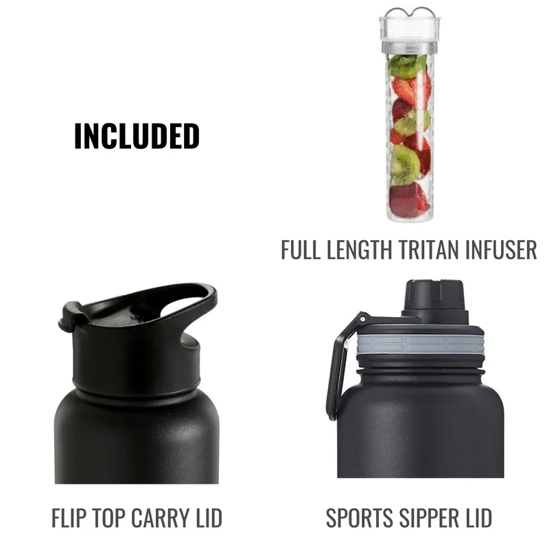 InstaCuppa Thermos Steel Fruit Infuser Water Bottle, Double Walled Vacuum Insulation, Full Length Tritan Infusion Unit, 2 Lids