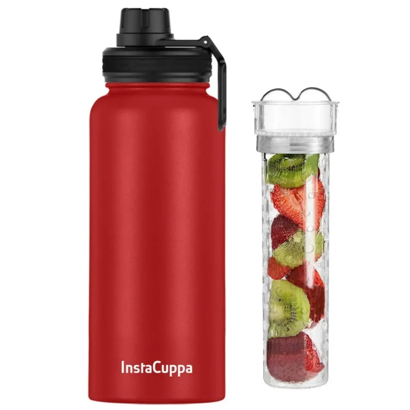 InstaCuppa Thermos Steel Fruit Infuser Water Bottle, Double Walled Vacuum Insulation, Full Length Tritan Infusion Unit, 2 Lids