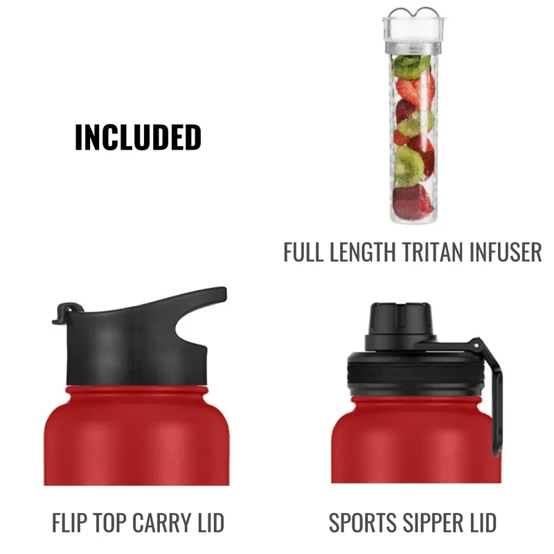 InstaCuppa Thermos Steel Fruit Infuser Water Bottle, Double Walled Vacuum Insulation, Full Length Tritan Infusion Unit, 2 Lids