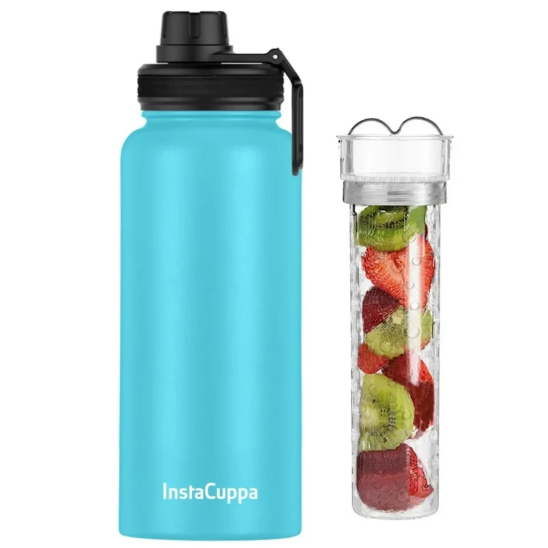 InstaCuppa Thermos Steel Fruit Infuser Water Bottle, Double Walled Vacuum Insulation, Full Length Tritan Infusion Unit, 2 Lids