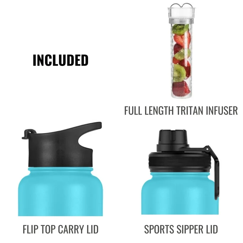 InstaCuppa Thermos Steel Fruit Infuser Water Bottle, Double Walled Vacuum Insulation, Full Length Tritan Infusion Unit, 2 Lids