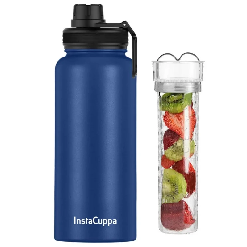 InstaCuppa Thermos Steel Fruit Infuser Water Bottle, Double Walled Vacuum Insulation, Full Length Tritan Infusion Unit, 2 Lids