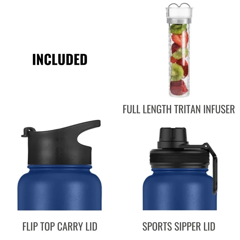 InstaCuppa Thermos Steel Fruit Infuser Water Bottle, Double Walled Vacuum Insulation, Full Length Tritan Infusion Unit, 2 Lids