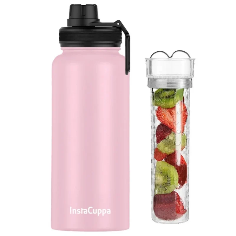 InstaCuppa Thermos Steel Fruit Infuser Water Bottle, Double Walled Vacuum Insulation, Full Length Tritan Infusion Unit, 2 Lids
