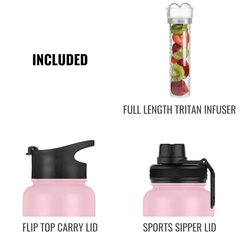 InstaCuppa Thermos Steel Fruit Infuser Water Bottle, Double Walled Vacuum Insulation, Full Length Tritan Infusion Unit, 2 Lids