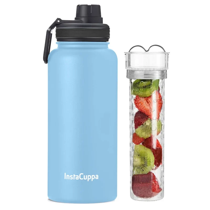 InstaCuppa Thermos Steel Fruit Infuser Water Bottle, Double Walled Vacuum Insulation, Full Length Tritan Infusion Unit, 2 Lids