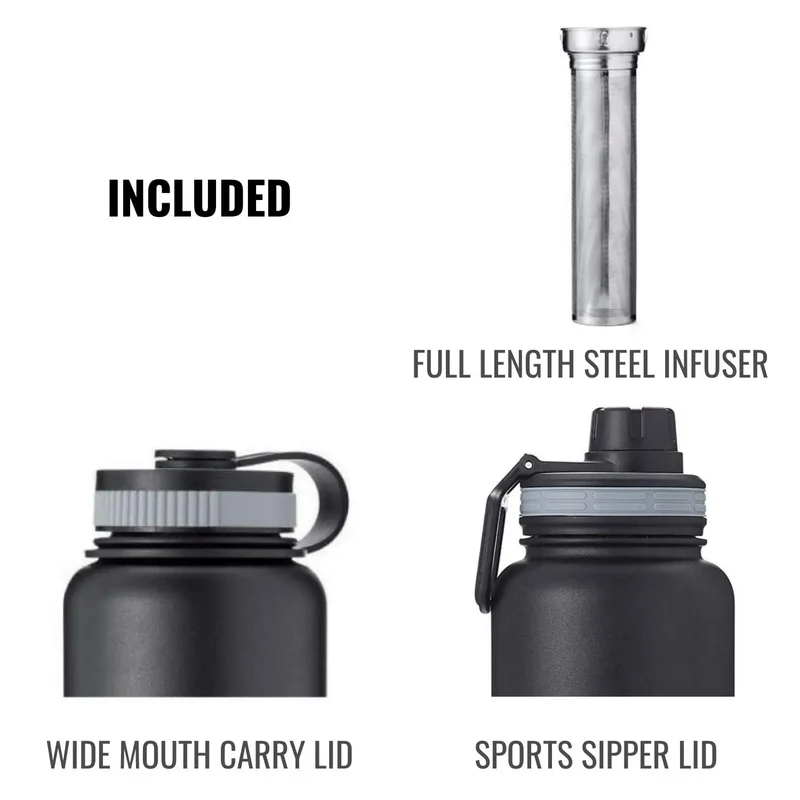 InstaCuppa Thermos Fruit Infuser Water Bottle - Double Walled Vacuum Insulation, Full Length Stainless Steel Infusion Unit,