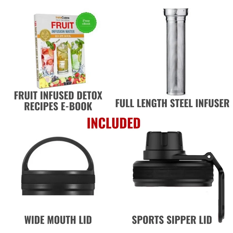 InstaCuppa Thermos Fruit Infuser Water Bottle - Double Walled Vacuum Insulation, Full Length Stainless Steel Infusion Unit,