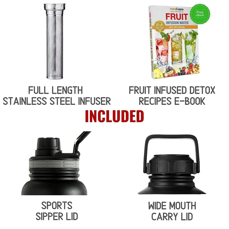 InstaCuppa Thermos Fruit Infuser Water Bottle - Double Walled Vacuum Insulation, Full Length Stainless Steel Infusion Unit,