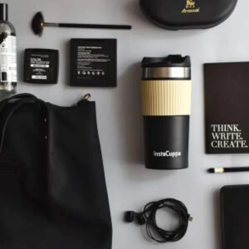 InstaCuppa Stainless Steel Thermos Travel Mug with Double Walled Vacuum Insulation, Flip Top Sipper Lid, Anti-Slip Silicone Grip