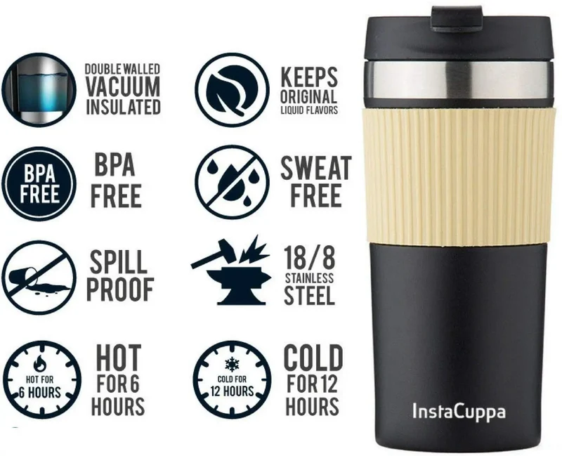 InstaCuppa Stainless Steel Thermos Travel Mug with Double Walled Vacuum Insulation, Flip Top Sipper Lid, Anti-Slip Silicone Grip