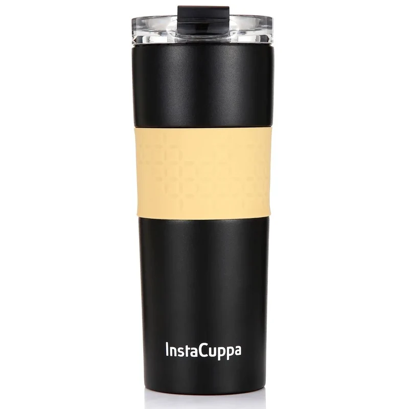 InstaCuppa Stainless Steel Thermos Travel Mug with Double Walled Vacuum Insulation, Flip Top Sipper Lid, Anti-Slip Silicone Grip