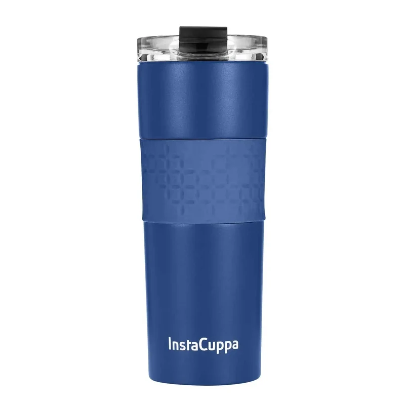 InstaCuppa Stainless Steel Thermos Travel Mug with Double Walled Vacuum Insulation, Flip Top Sipper Lid, Anti-Slip Silicone Grip