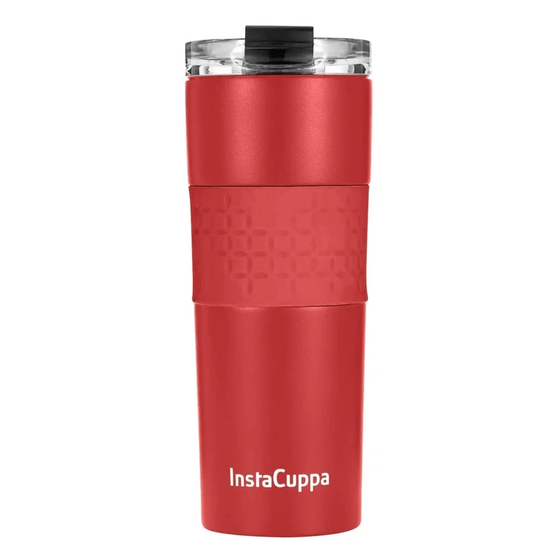 InstaCuppa Stainless Steel Thermos Travel Mug with Double Walled Vacuum Insulation, Flip Top Sipper Lid, Anti-Slip Silicone Grip
