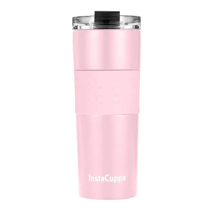 InstaCuppa Stainless Steel Thermos Travel Mug with Double Walled Vacuum Insulation, Flip Top Sipper Lid, Anti-Slip Silicone Grip