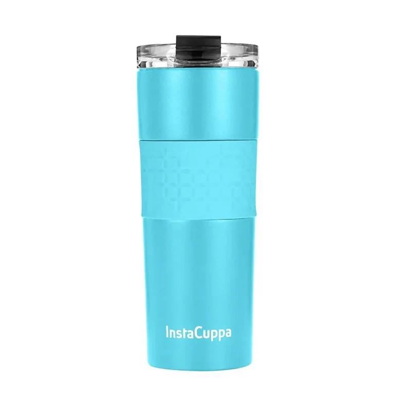 InstaCuppa Stainless Steel Thermos Travel Mug with Double Walled Vacuum Insulation, Flip Top Sipper Lid, Anti-Slip Silicone Grip