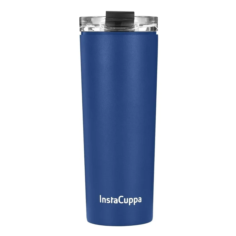 InstaCuppa Stainless Steel Thermos Travel Mug with Double Walled Vacuum Insulation, Flip Top Sipper Lid, Anti-Slip Silicone Grip