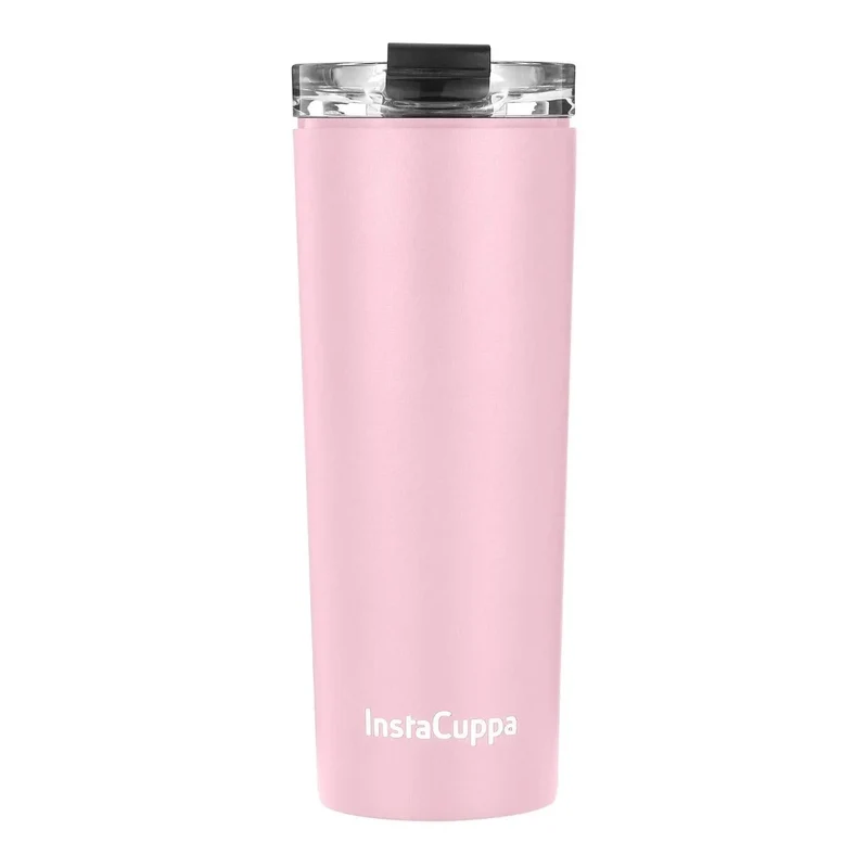 InstaCuppa Stainless Steel Thermos Travel Mug with Double Walled Vacuum Insulation, Flip Top Sipper Lid, Anti-Slip Silicone Grip