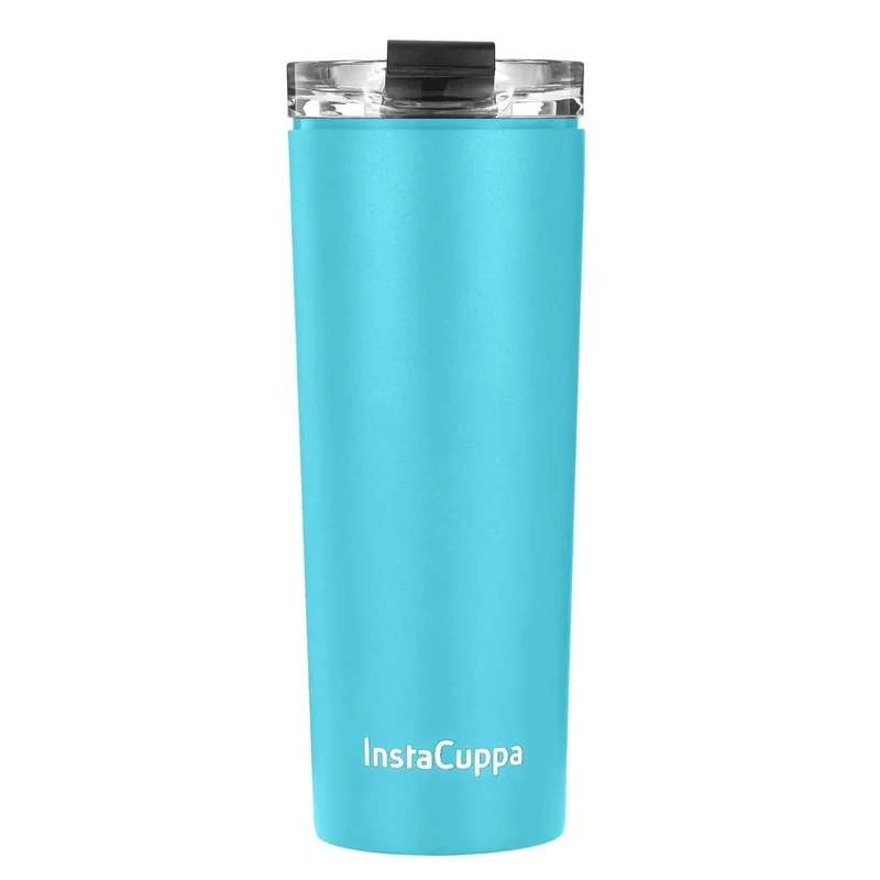 InstaCuppa Stainless Steel Thermos Travel Mug with Double Walled Vacuum Insulation, Flip Top Sipper Lid, Anti-Slip Silicone Grip