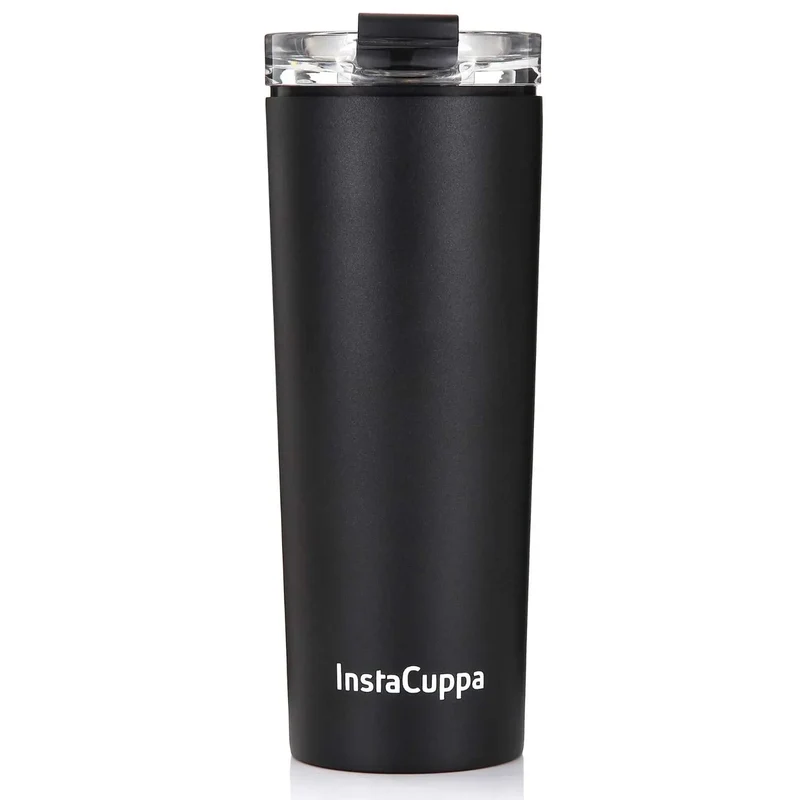 InstaCuppa Stainless Steel Thermos Travel Mug with Double Walled Vacuum Insulation, Flip Top Sipper Lid, Anti-Slip Silicone Grip