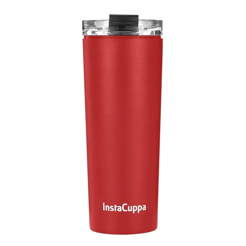 InstaCuppa Stainless Steel Thermos Travel Mug with Double Walled Vacuum Insulation, Flip Top Sipper Lid, Anti-Slip Silicone Grip
