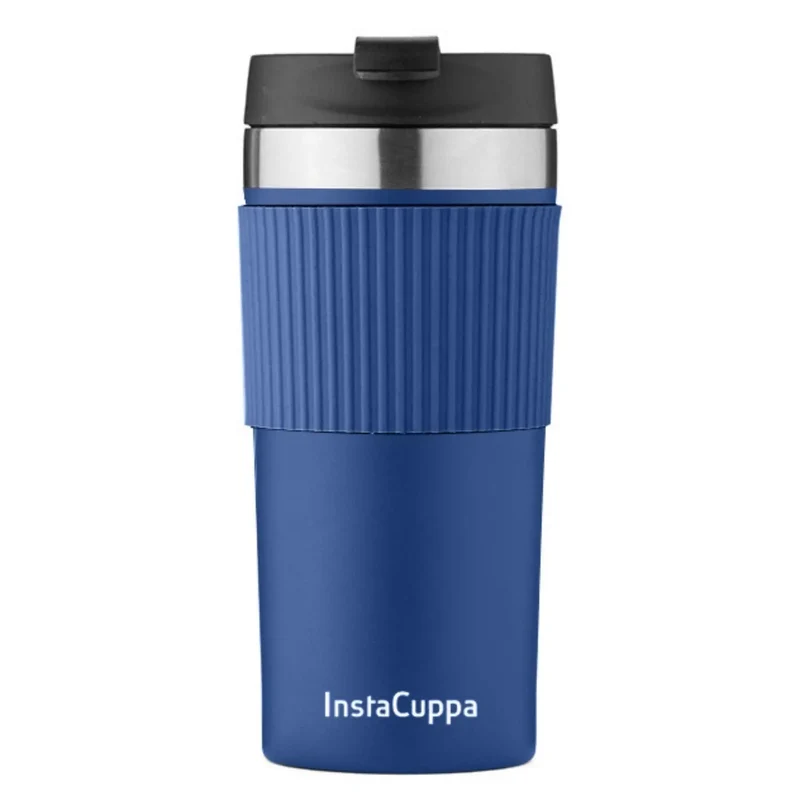 InstaCuppa Stainless Steel Thermos Travel Mug with Double Walled Vacuum Insulation, Flip Top Sipper Lid, Anti-Slip Silicone Grip
