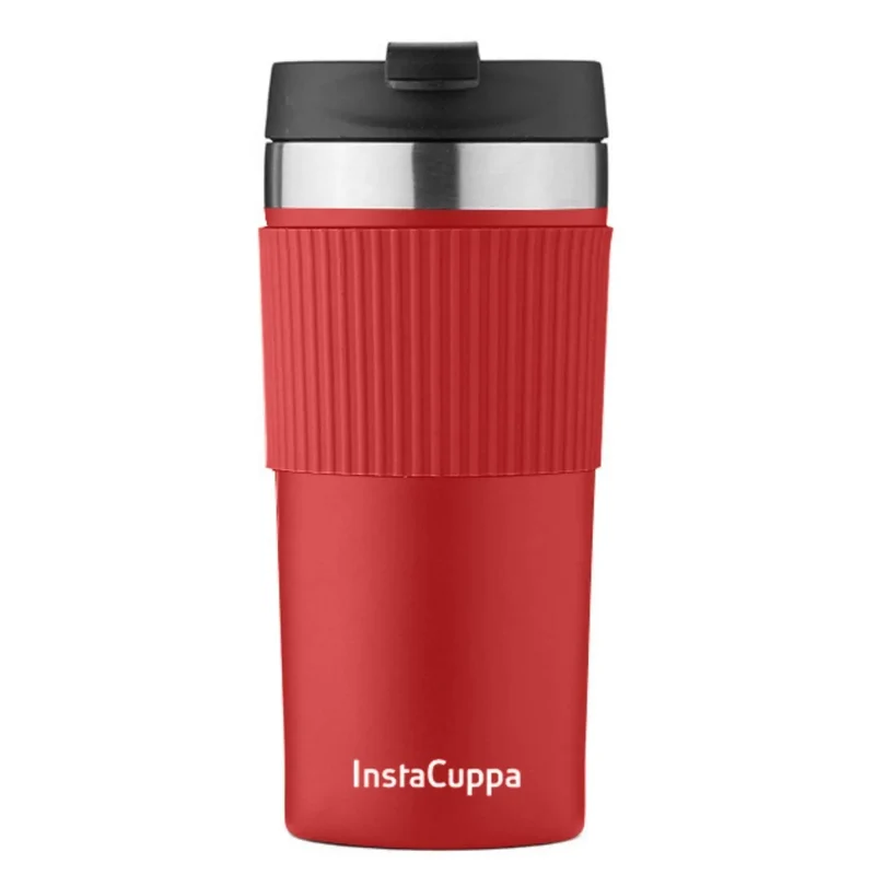 InstaCuppa Stainless Steel Thermos Travel Mug with Double Walled Vacuum Insulation, Flip Top Sipper Lid, Anti-Slip Silicone Grip
