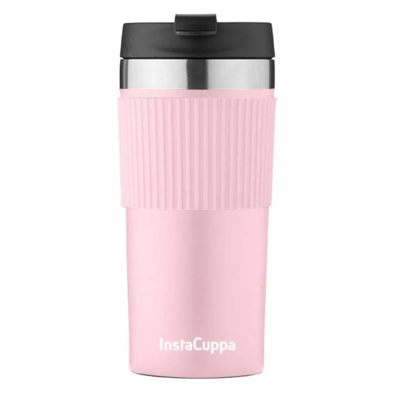 InstaCuppa Stainless Steel Thermos Travel Mug with Double Walled Vacuum Insulation, Flip Top Sipper Lid, Anti-Slip Silicone Grip