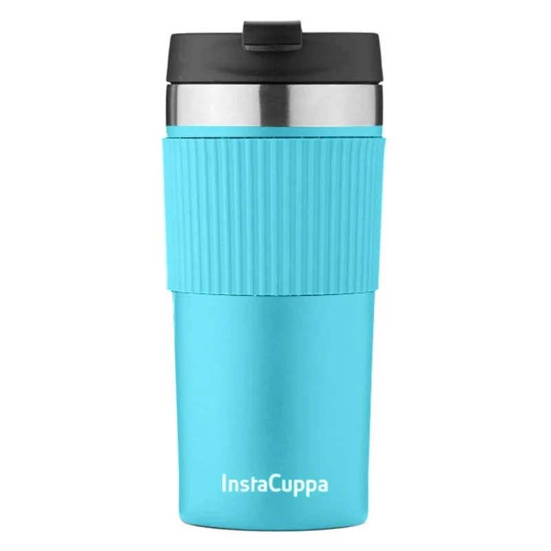 InstaCuppa Stainless Steel Thermos Travel Mug with Double Walled Vacuum Insulation, Flip Top Sipper Lid, Anti-Slip Silicone Grip