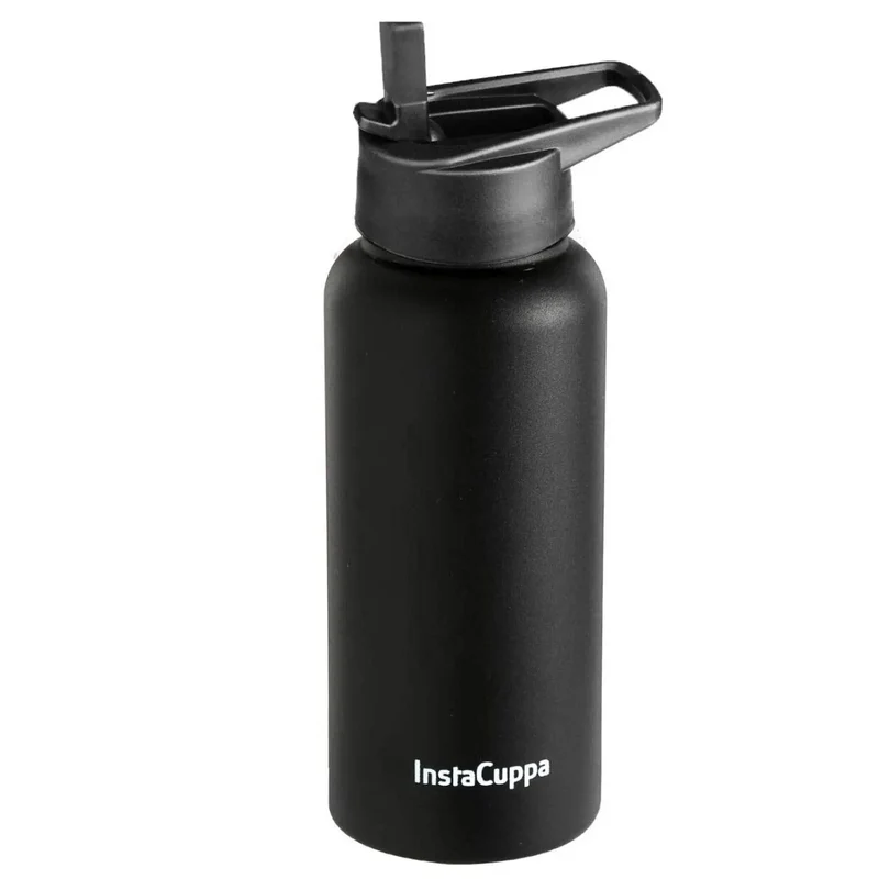 InstaCuppa Stainless Steel Thermos Flask Water Bottle with Straw Sipper Lid, Double Walled Vacuum Insulation