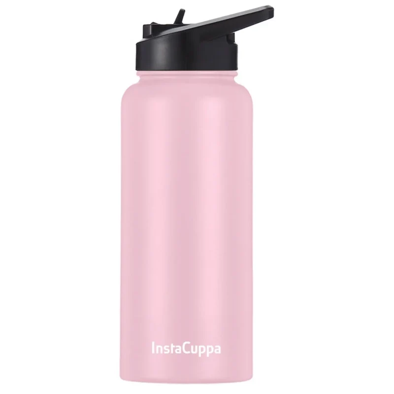 InstaCuppa Stainless Steel Thermos Flask Water Bottle with Straw Sipper Lid, Double Walled Vacuum Insulation