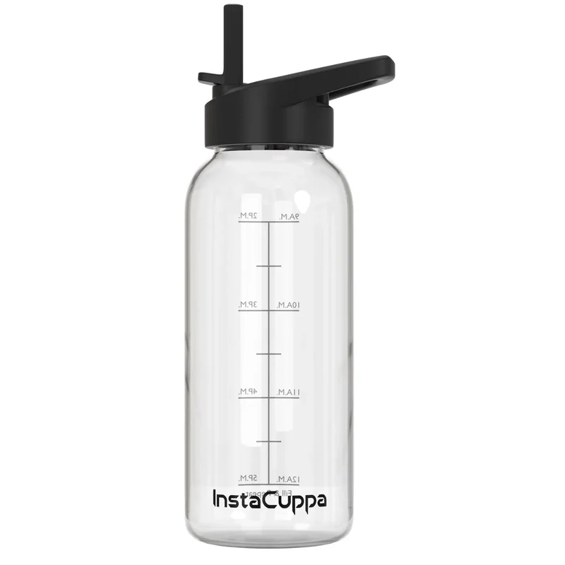 InstaCuppa Borosilicate Glass Water Bottle with Straw Sipper Lid, Innovative Time Markings, Neoprene Sleeve for Protection