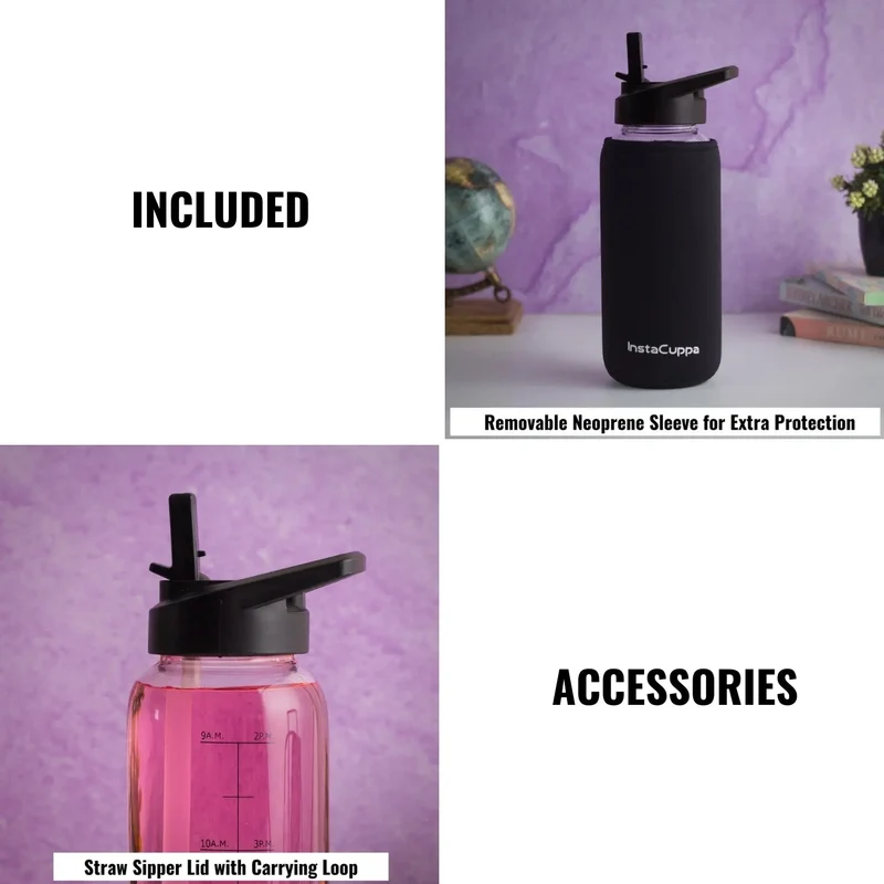 InstaCuppa Borosilicate Glass Water Bottle with Straw Sipper Lid, Innovative Time Markings, Neoprene Sleeve for Protection